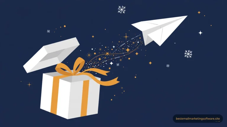 Flat illustration of an open gift box with a paper plane trailing sparkles and snowflakes on deep navy