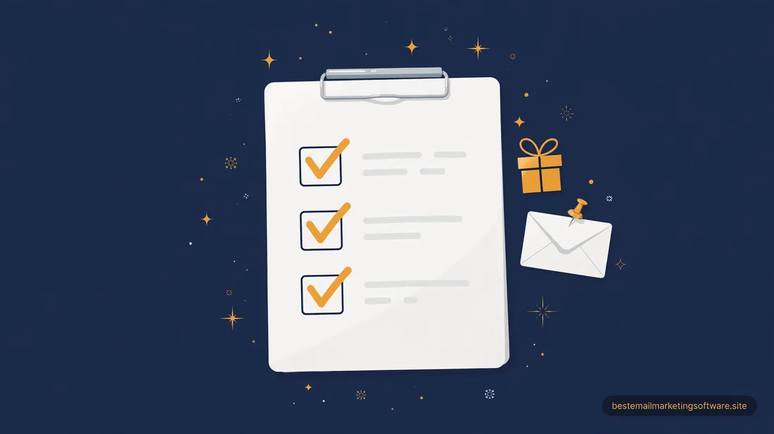 Flat illustration of a checked clipboard checklist beside a gift box and a pinned envelope, with snowflakes