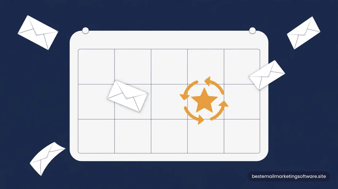 Flat illustration of a calendar board with an amber star and circular arrows, surrounded by envelopes